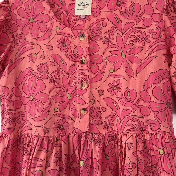 Utsa Kids Pink & Gold Floral Cotton Summer Dress Size 9/10 - Picture 8 of 14